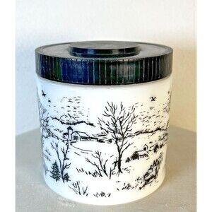 Retro 1960s Maxwell House Milk Glass Container and Lid with Winter Scene 5" Tall